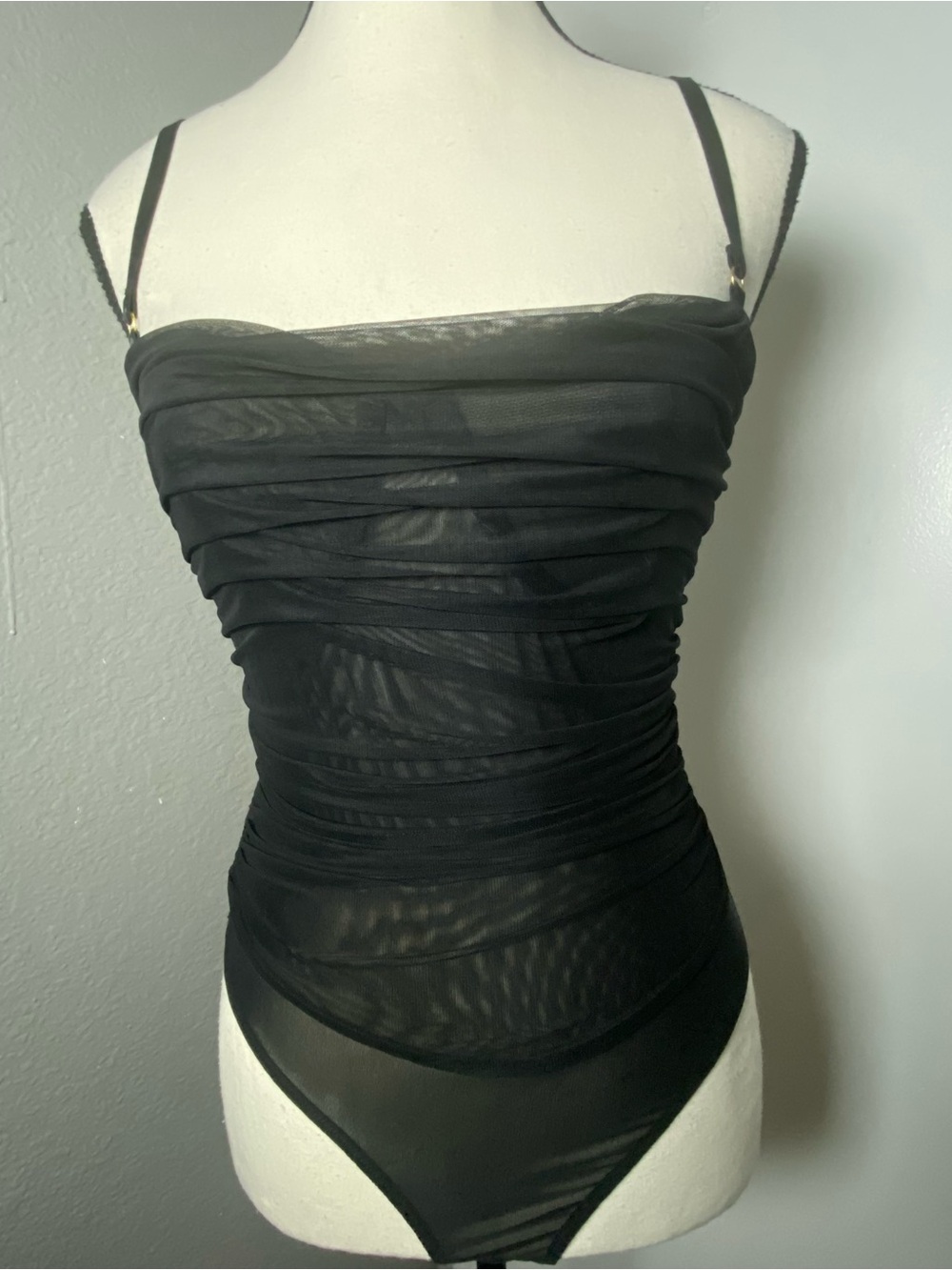 House of CB Black Ruched Mesh Corset Bodysuit Size Small - Picture 2 of 9